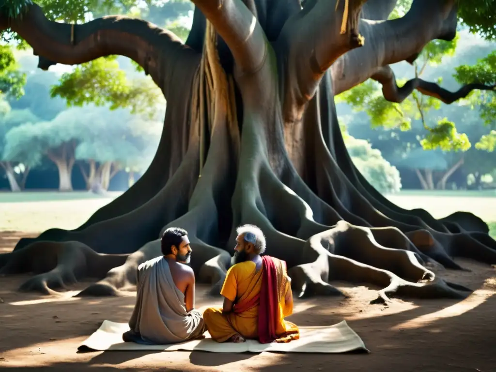 Platón y Adi Shankara dialogan bajo un árbol banyan en una escena serena, capturando la comparación platonismo advaita vedanta