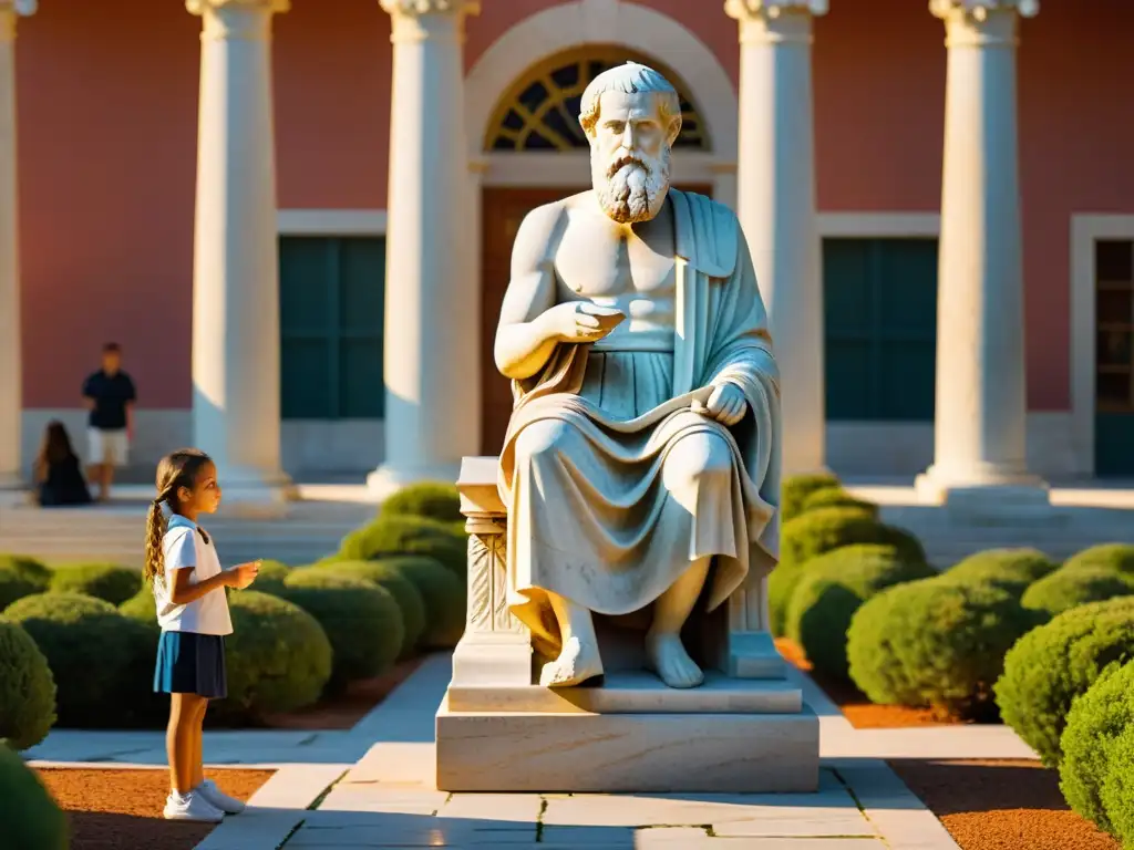 Aristóteles, estudiantes y formación ética en la antigua Grecia al atardecer