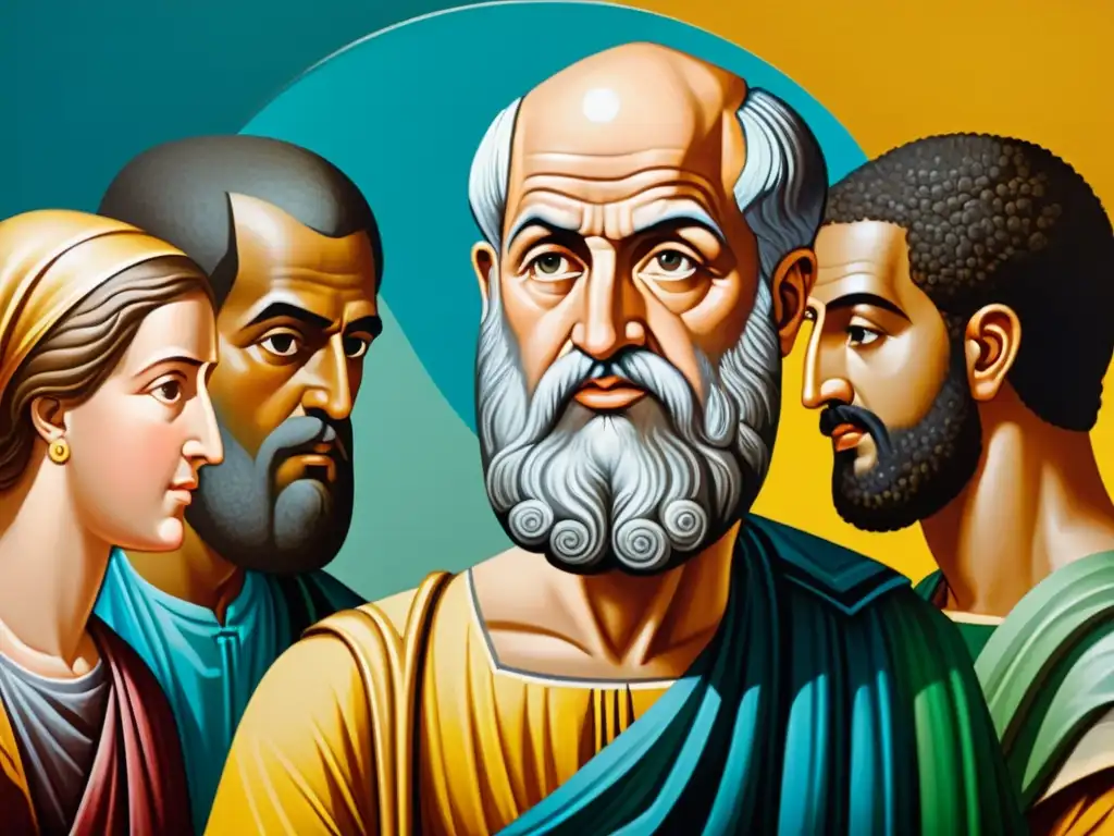 Aristóteles filosofando con un grupo diverso, destacando la importancia de la diversificación en inversiones y filosofía
