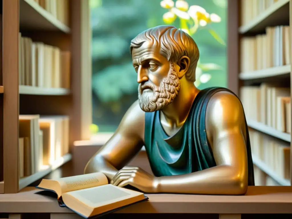 Aristóteles en pose reflexiva rodeado de libros antiguos, con luz cálida y jardín tranquilo al fondo