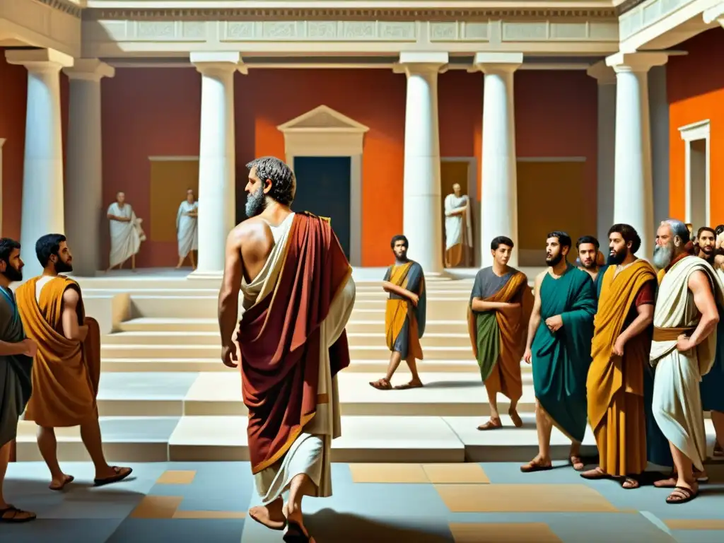 Aristóteles enseña La Virtud en la Ética a sus alumnos en el Lyceum de la antigua Grecia en una pintura digital ultra detallada