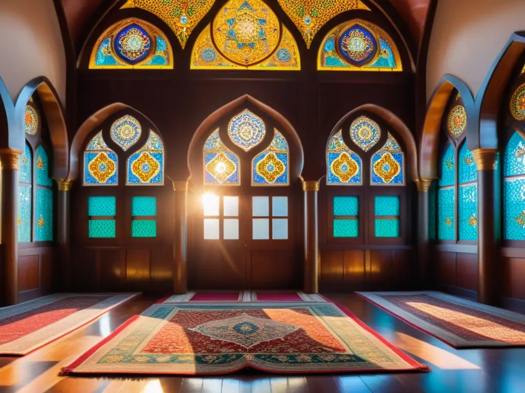 Armoniosa sala de meditación sufí, iluminada por luz dorada, con tapices vibrantes y arcos tallados, invita a la contemplación y paz interior