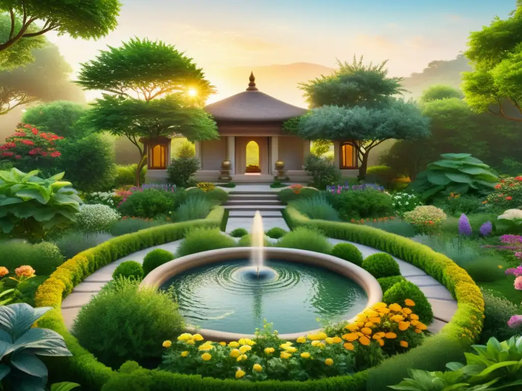 Un jardín Ayurveda armonioso y sereno, con plantas medicinales y exuberante vegetación