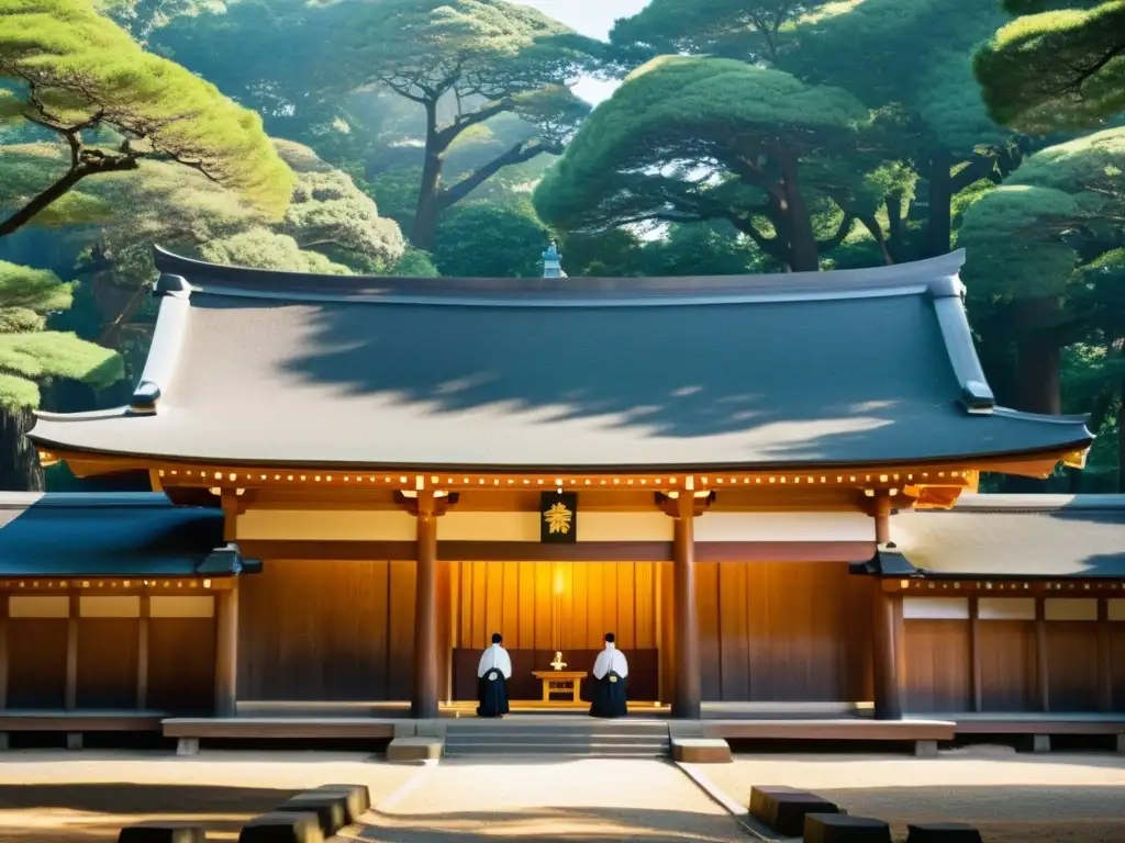 Arquitectura divina en el santuario Shinto Meiji, con ceremonia tradicional y luz filtrada entre los árboles