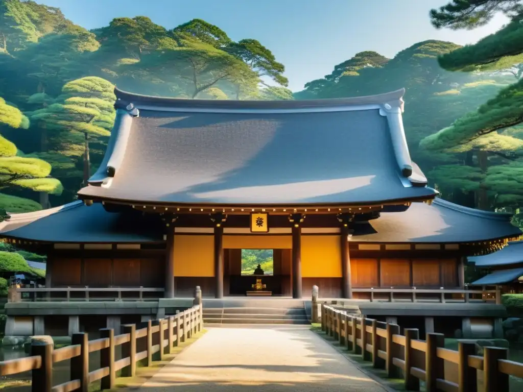 Arquitectura divina del santuario Shinto en la sagrada belleza natural, con visitantes que rinden respeto en vestimenta tradicional japonesa