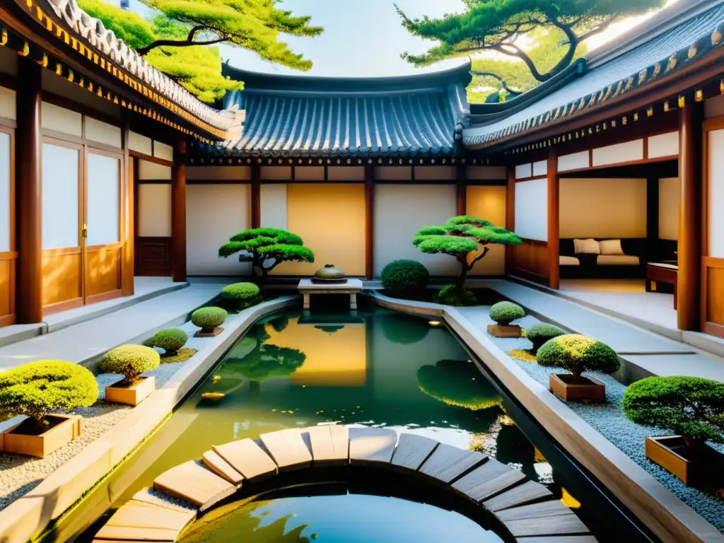 Arquitectura con influencia confuciana: Patio chino tradicional con edificios de madera, jardín sereno y peces koi