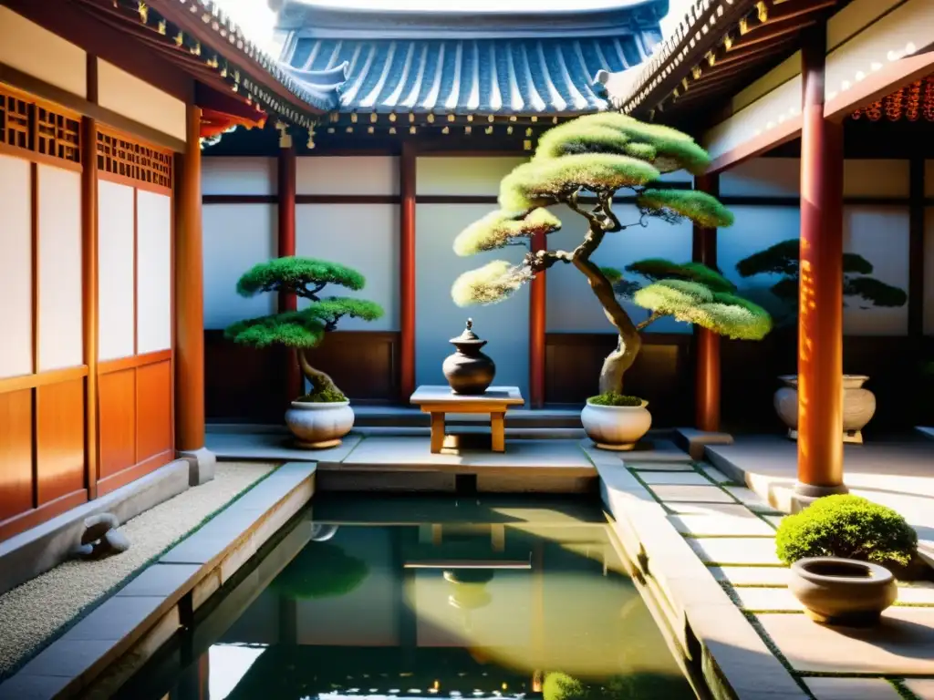 Arquitectura con influencia confuciana: Patio tradicional con pilares y vigas tallados, jardines serenos y estanque de peces koi