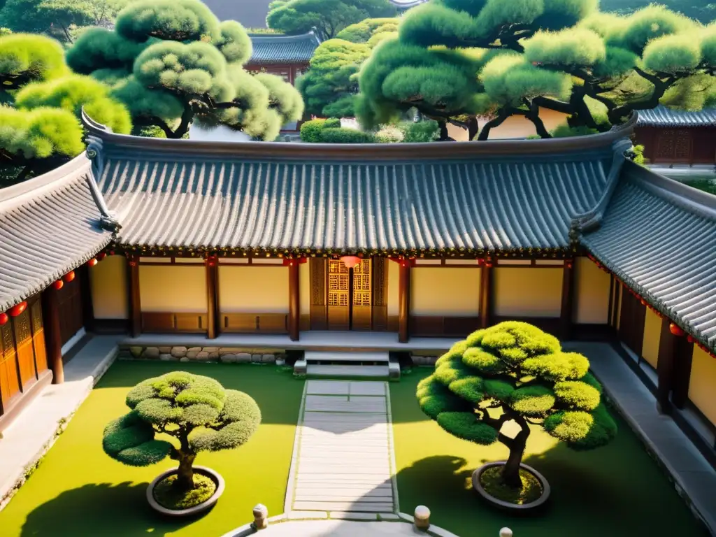 Arquitectura con influencia confuciana: Patio chino con jardín tranquilo, edificios de madera elegantes y luz cálida