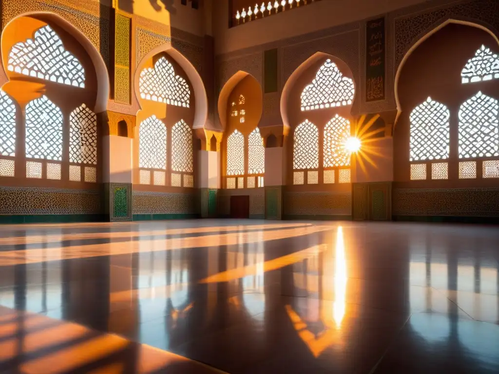 Arquitectura de una mezquita con patrones geométricos, iluminada por la cálida luz del atardecer