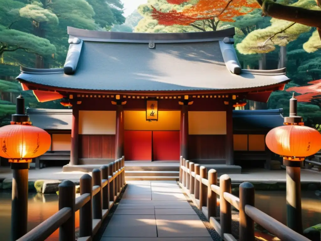 Arquitectura santuarios Shinto divino: Detalle de un santuario con luz cálida en medio del bosque