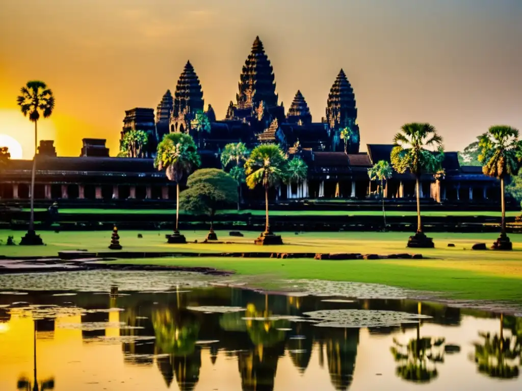 Arquitectura de templos hindúes cosmicidad: Majestuoso amanecer ilumina Angkor Wat en Cambodia, revelando intrincados detalles y relieves