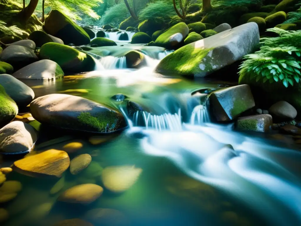 Un arroyo cristalino fluye suavemente sobre rocas cubiertas de musgo