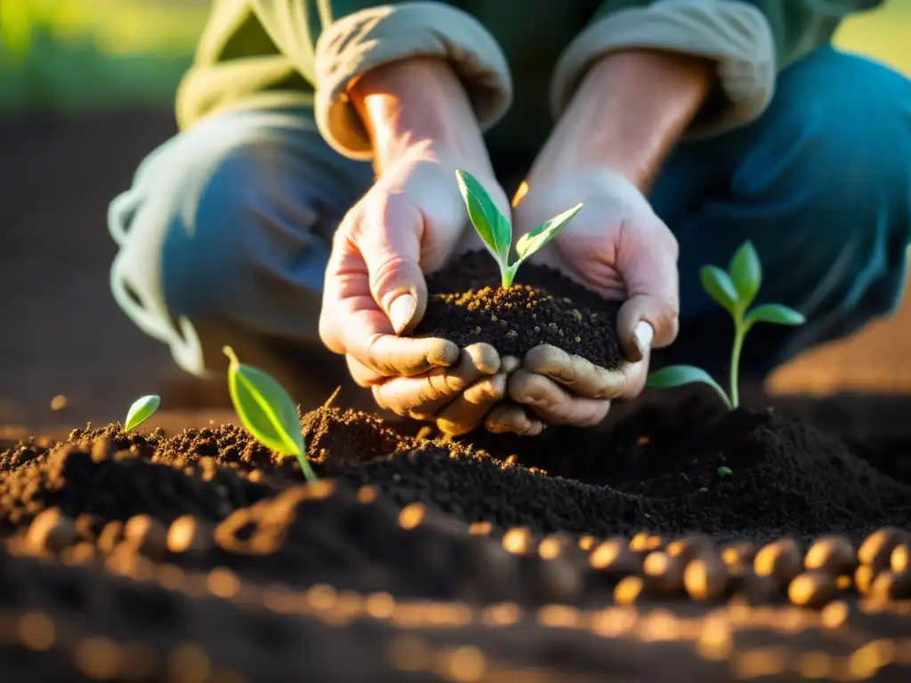 Las arrugadas manos del agricultor siembran semillas en tierra fértil, bañadas por cálida luz dorada