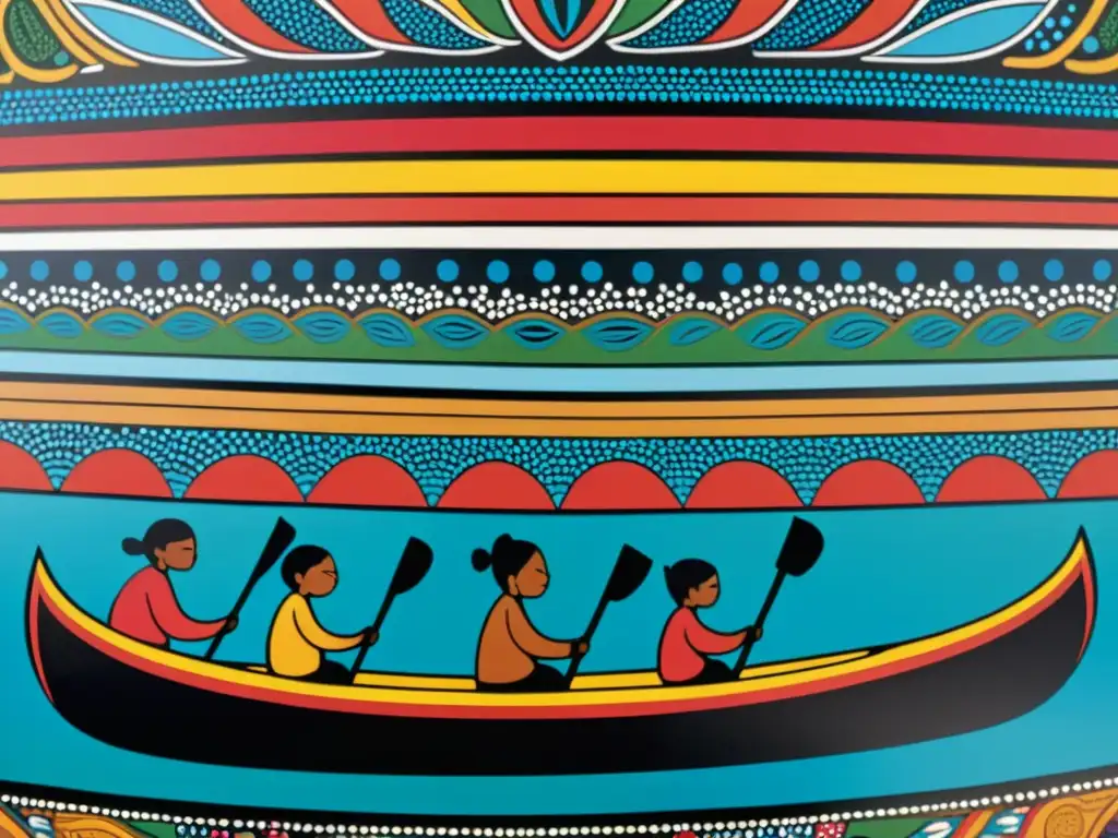 Arte aborigen detalla una canoa navegando en río, simbolizando la navegación espiritual mundo aborigen