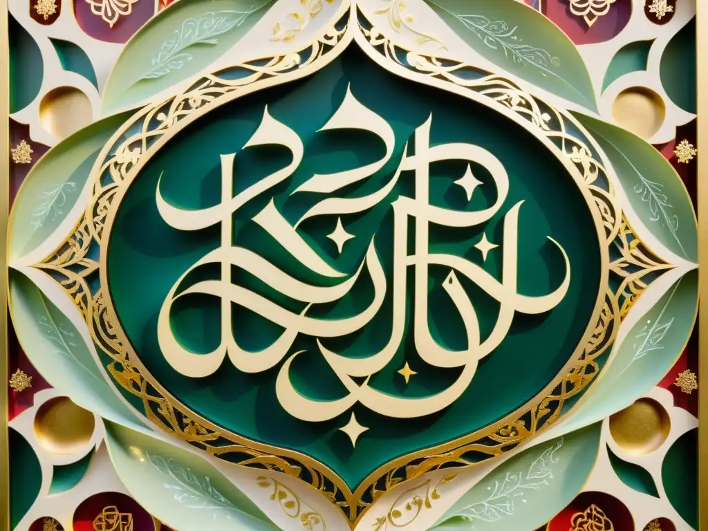 Arte de caligrafía Sufi con versos poéticos, colores vibrantes y toques de oro, evocando profundidad espiritual y tranquilidad