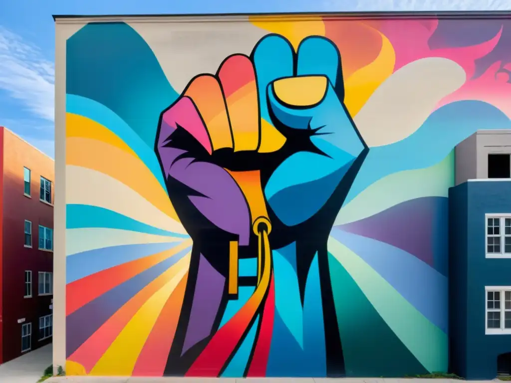 Arte callejero impactante de un puño alzado rompiendo cadenas, simbolizando la lucha por la libertad y resistencia