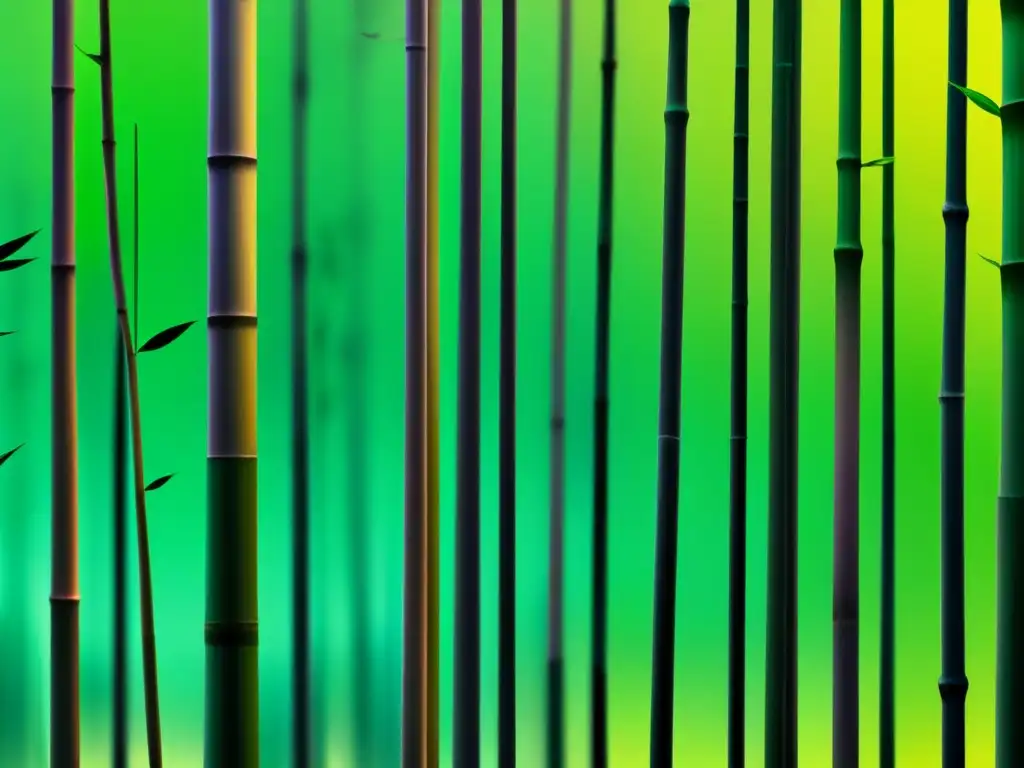 Arte digital sereno y minimalista de un bosque de bambú con elementos de tecnología moderna, adaptando la sabiduría confuciana a la tecnología