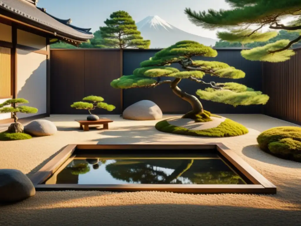 Arte de vivir minimalismo zen: Jardín japonés sereno con bonsáis, bancos de madera y estanque tranquilo al atardecer