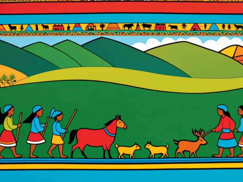 Arte narrativo Sarhua: detallada tabla filosófica que retrata la vida andina, rituales espirituales y prácticas agrícolas en vibrantes colores