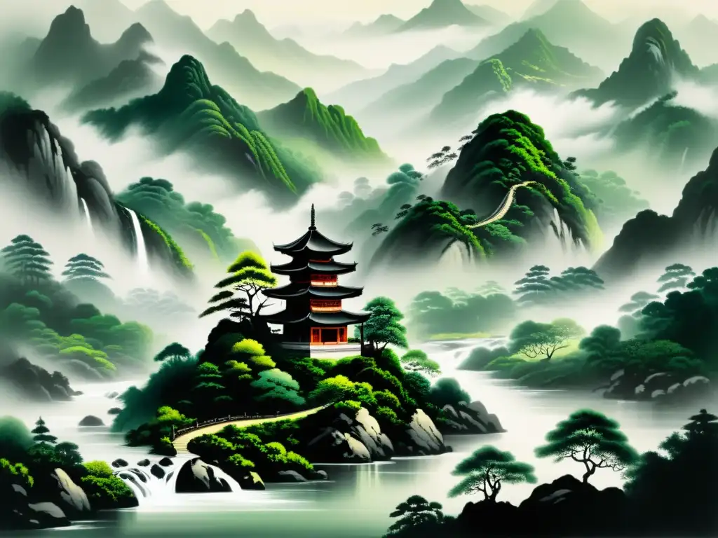 Arte taoísta: paisaje de montaña sereno en tinta, con río, árboles y templo