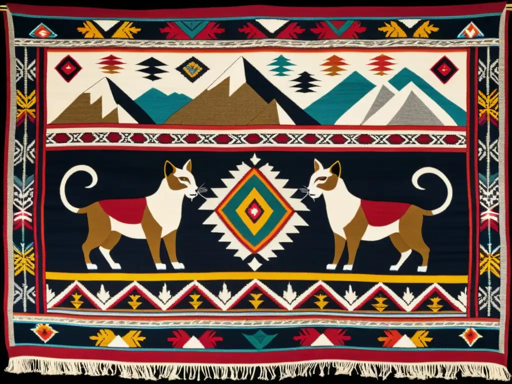 Arte textil andino: tapiz colorido con símbolos andinos contra montañas nevadas