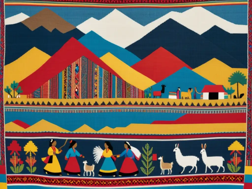 Arte textil andino: Detalle de tejido con simbología andina, mujeres, llamas y montañas, en vibrantes colores y textura fina