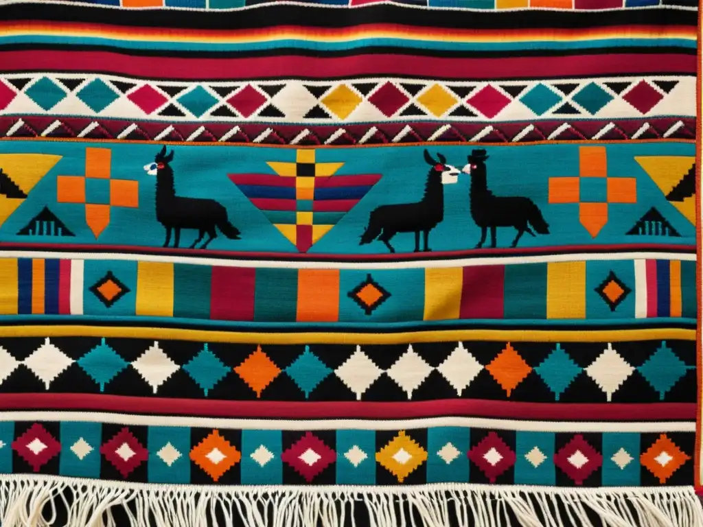 Arte textil andino con simbología tradicional: llamas, cóndores y patrones geométricos en vibrantes colores andinos