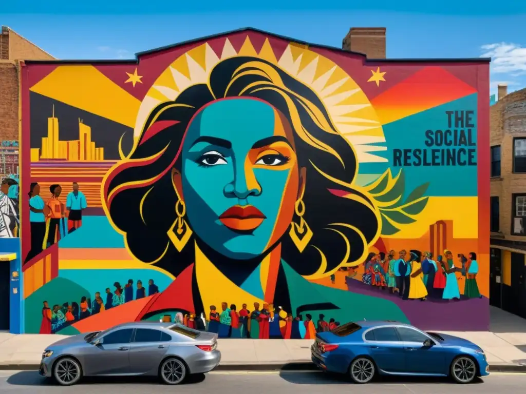 Arte visual postcolonial y resistencia: mural vibrante con escenas de resistencia y solidaridad en la ciudad