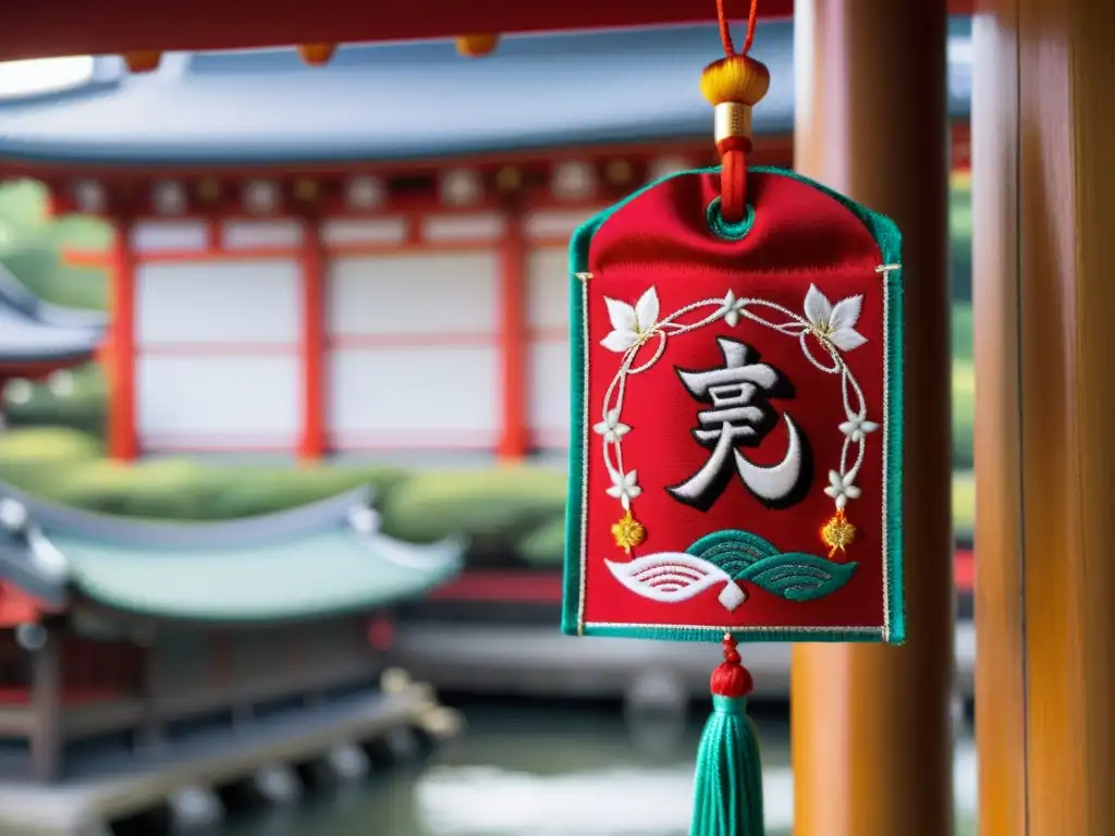 Omamori artesanal con simbolismo japonés en un santuario Shinto tranquilo, evocando reverencia espiritual y tradición