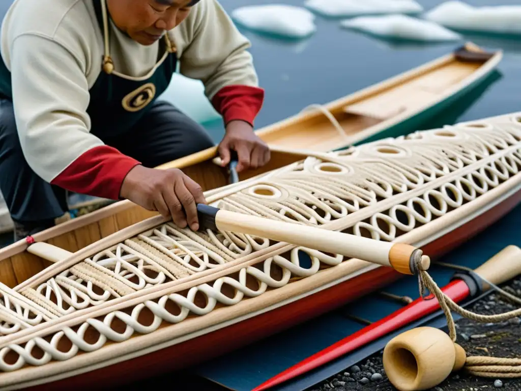 Artesanía inuit: construcción cuidadosa de un kayak tradicional, con materiales naturales