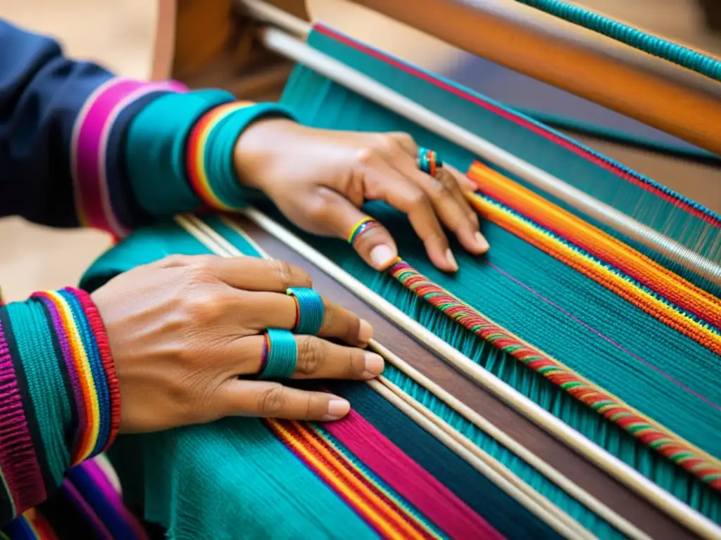 Un artesano andino teje con destreza hilos vibrantes en un telar tradicional