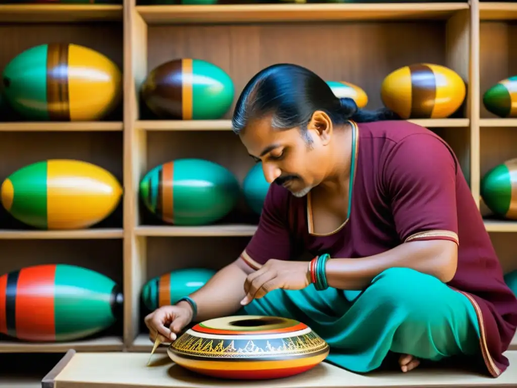 Un artesano pintando con destreza una tabla Sarhua, mostrando colores vibrantes y expresión concentrada