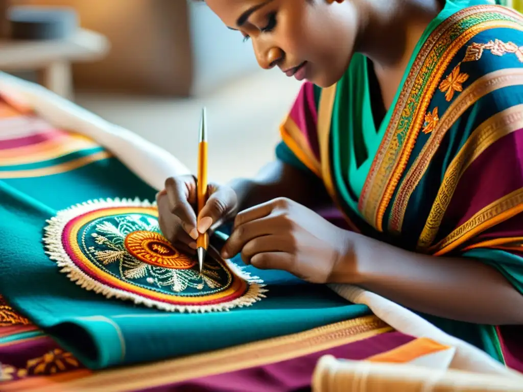 Artesano trabajando con detalle en textil hecho a mano, destaca la artesanía tradicional y alianzas éticas con proveedores filosóficas