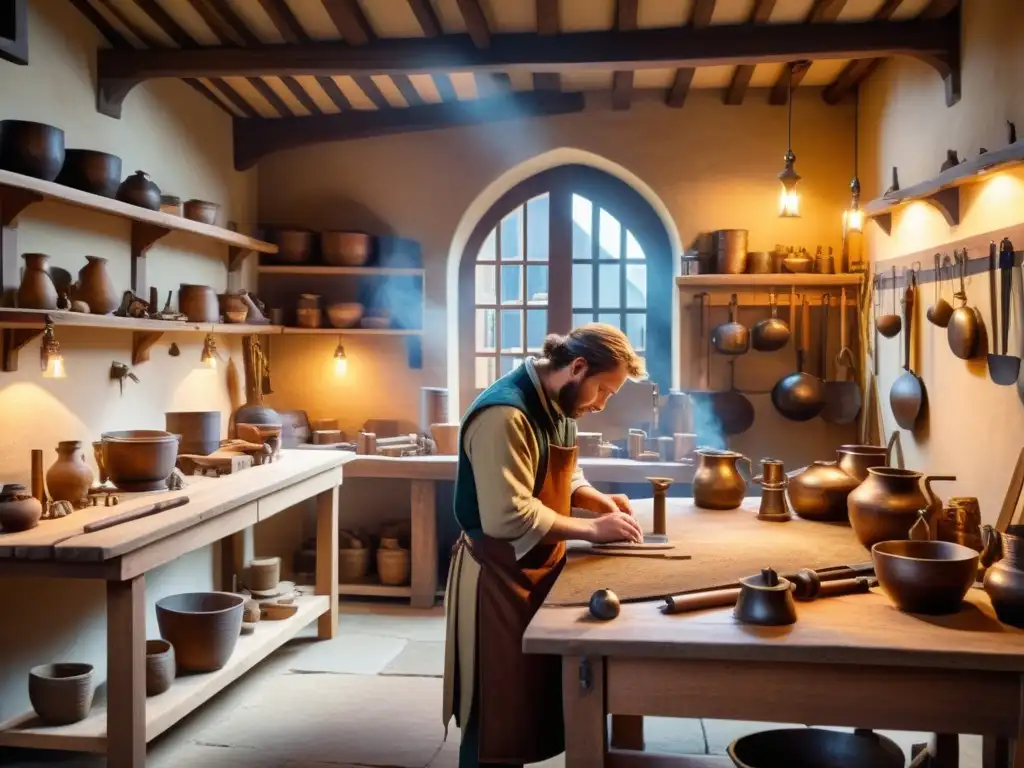 Artesanos trabajando en un taller medieval, con herramientas, productos e iluminación cálida