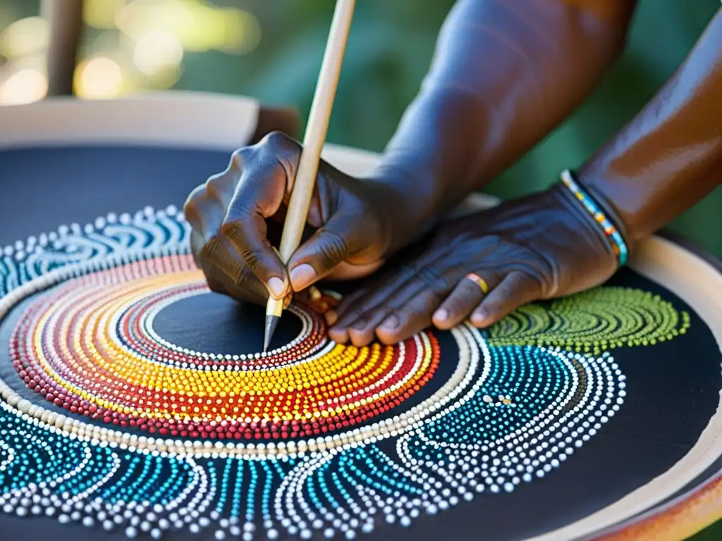 Artista aborigen crea pintura de puntos, mostrando filosofía estética y herencia cultural con colores vibrantes y patrones intrincados