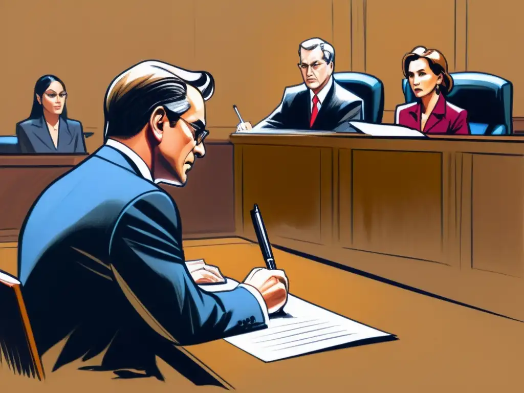 Un artista dibuja en la corte la intensidad del testimonio, capturando las expresiones del juez, jurado y acusado