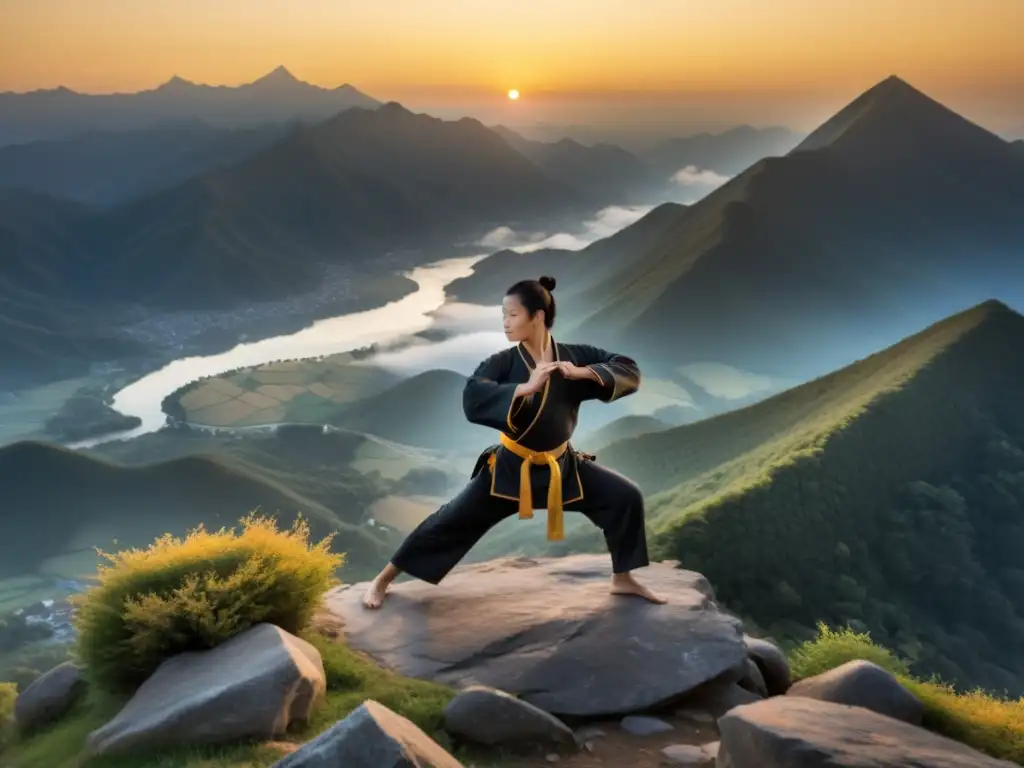 Un artista marcial practica Kung Fu al amanecer en la cima nebulosa de una montaña, conectando con la naturaleza