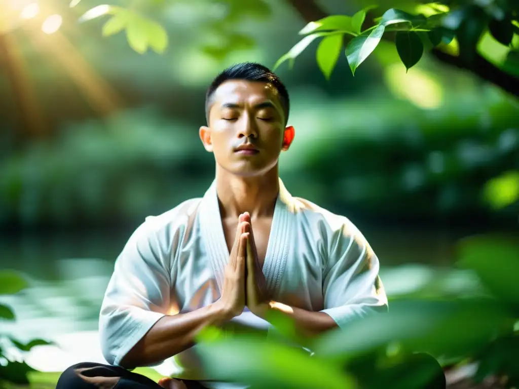 Un artista marcial medita en un entorno natural, transmitiendo disciplina mental en artes marciales con su serenidad y concentración