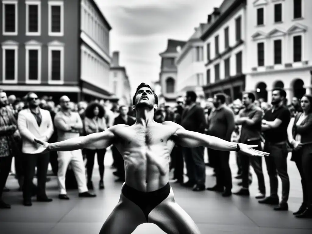 Un artista de performance en una plaza llena de espectadores, expresando emociones con su cuerpo