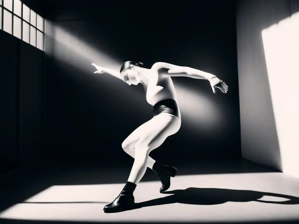 Un artista postmoderno en plena expresión corporal, con movimientos fluidos y una pose surrealista, en blanco y negro