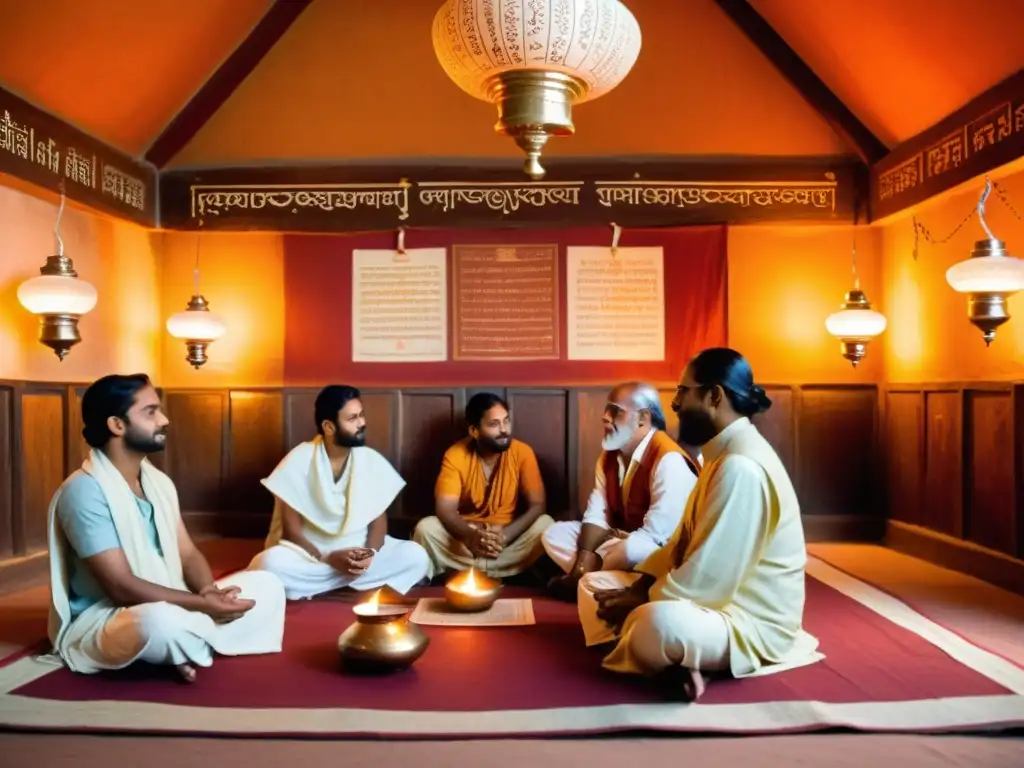 Un ashram tradicional con eruditos hindúes inmersos en el estudio de las escrituras védicas