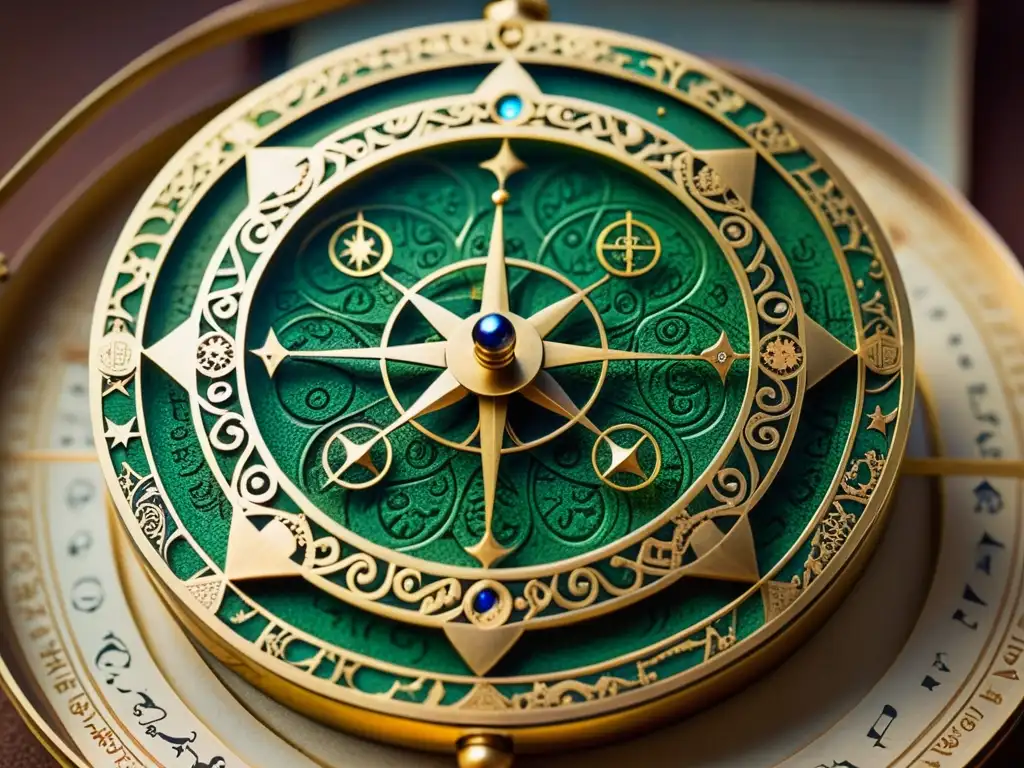 Un astrolabio islámico de latón con delicadas inscripciones, mostrando la influencia de la filosofía islámica en la ciencia medieval