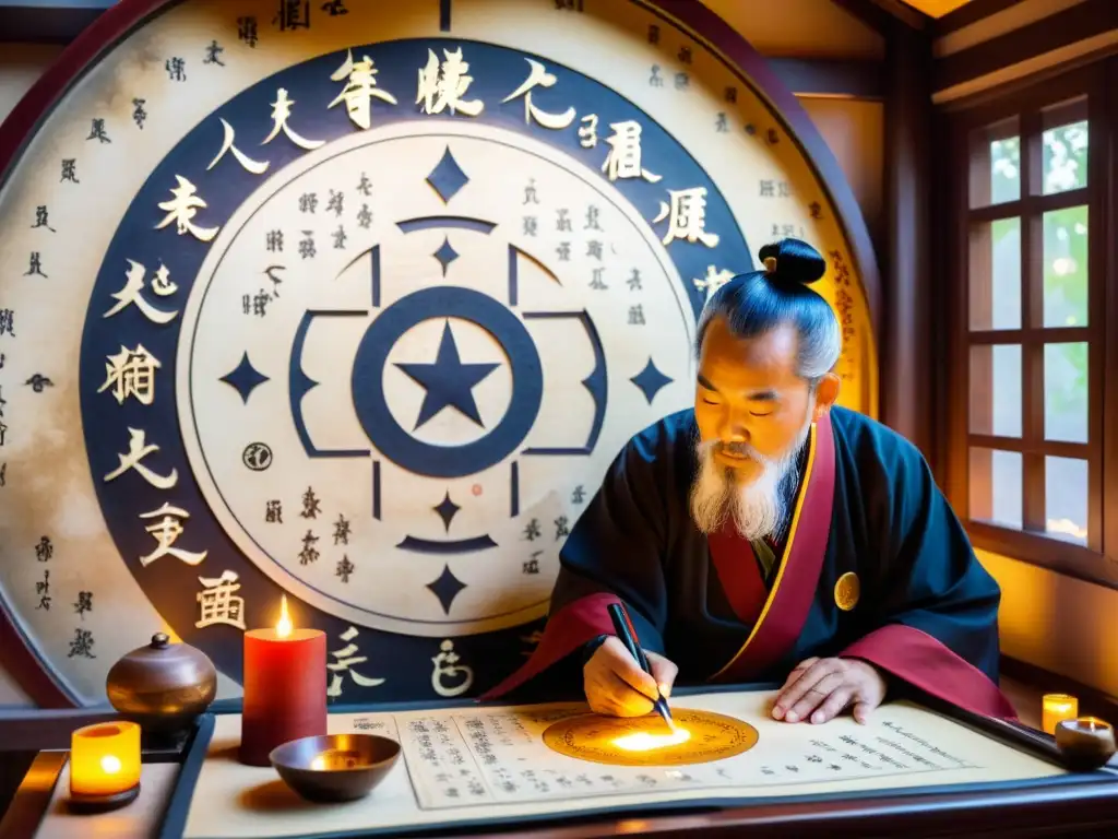 Un astrólogo taoísta estudia un mapa de estrellas detallado en pergamino, rodeado de incienso y luz solar