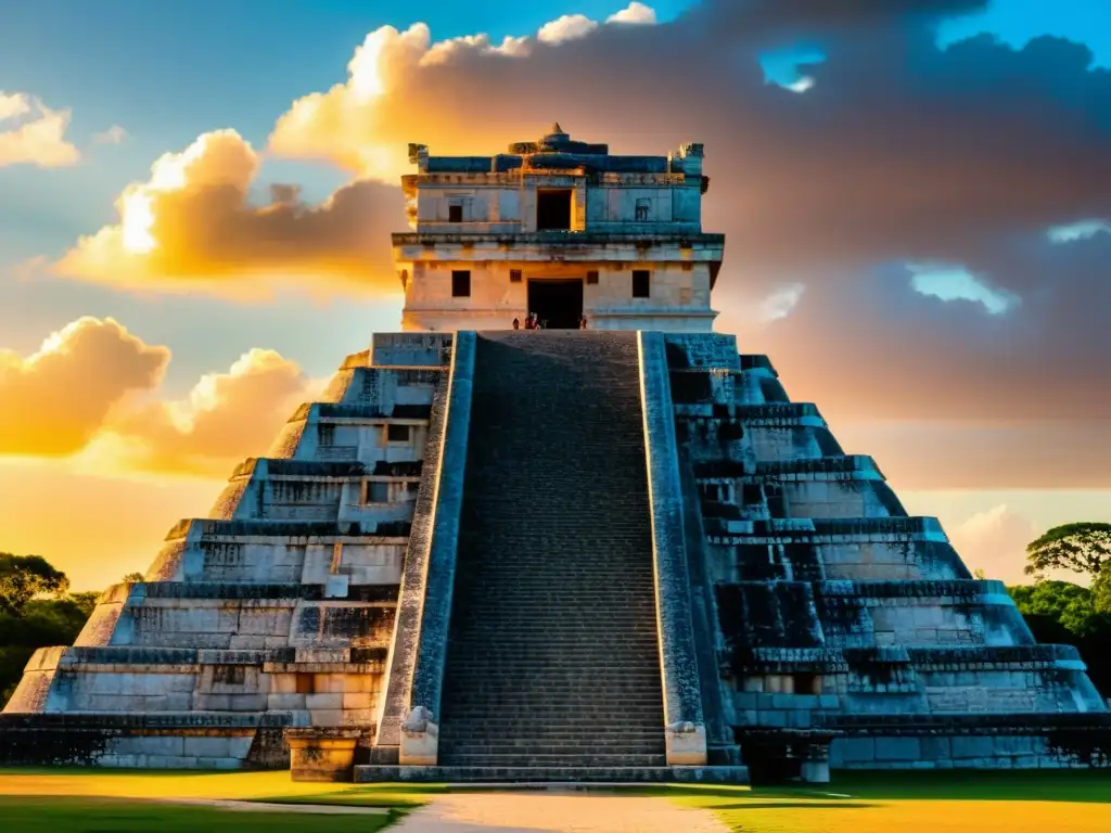 Astronomía en la Mesoamérica precolombina: Detalle del observatorio maya de Chichén Itzá al atardecer