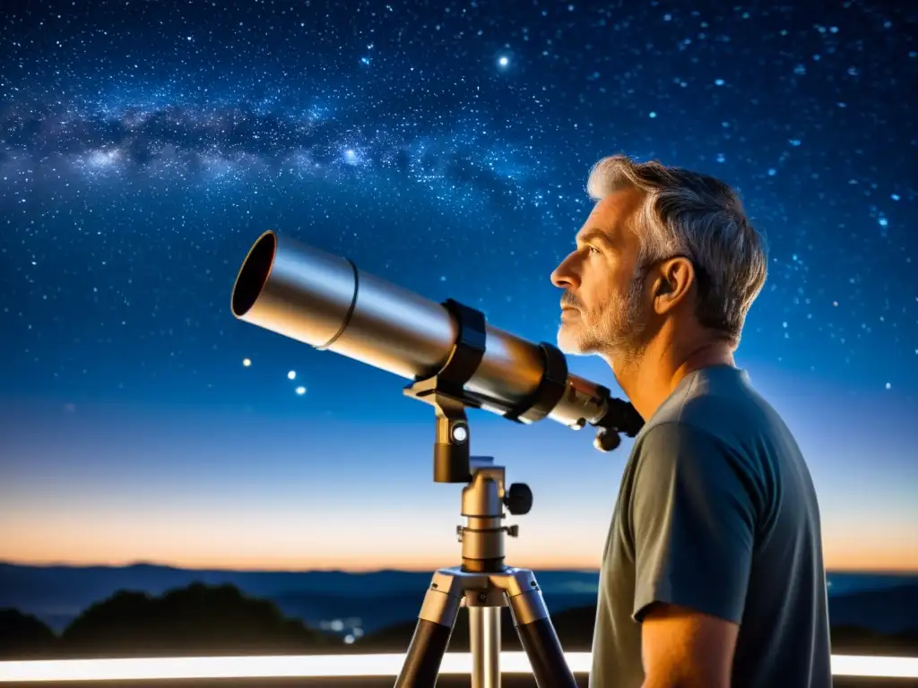 Un astrónomo contempla las estrellas a través de un telescopio, revelando la conexión entre la filosofía y la astronomía