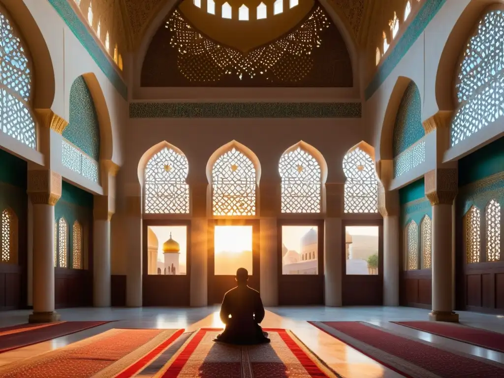 Un atardecer cálido ilumina una mezquita sufí con patrones geométricos, creando un ambiente sereno de reflexión y espiritualidad