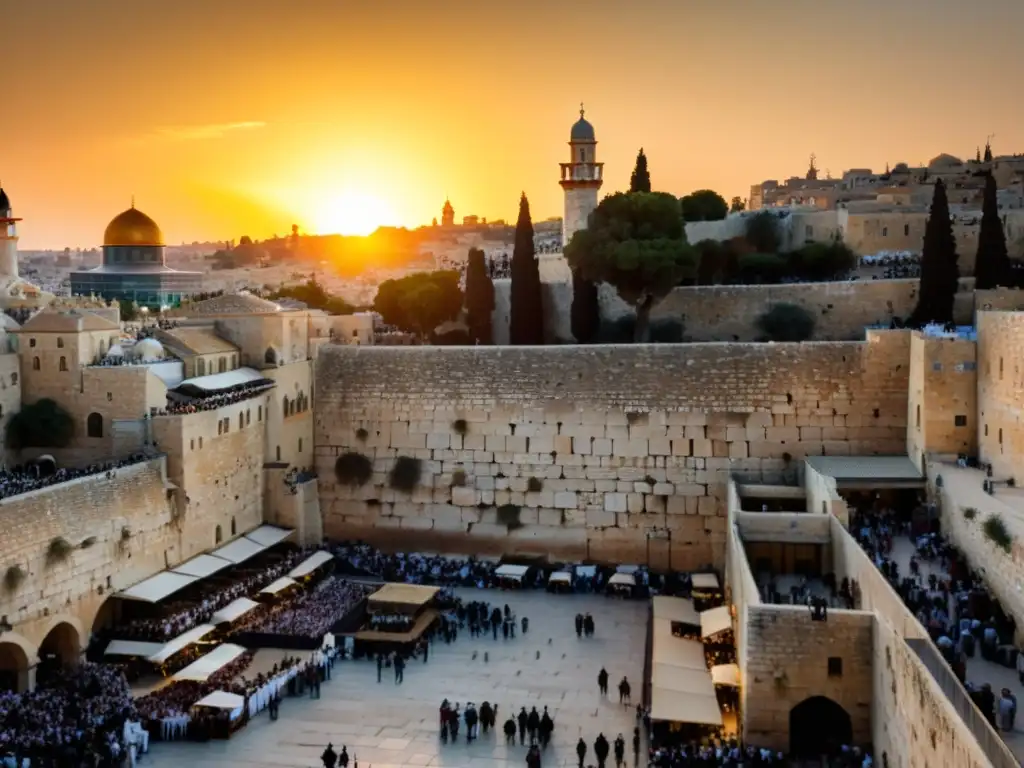 Atardecer dorado sobre las antiguas murallas de Jerusalén, revelando la conexión espiritual y el descubrimiento filosófico de la Kabbalah en Israel
