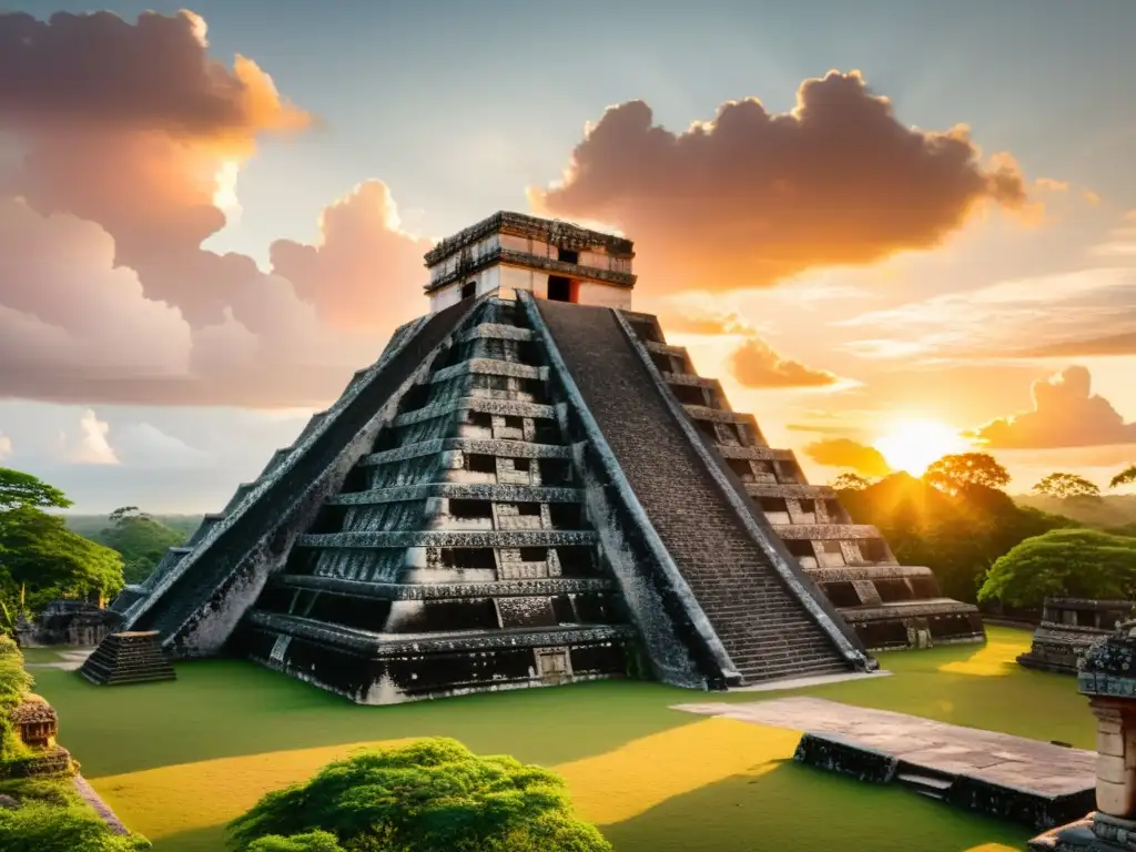 Un atardecer dorado ilumina un complejo templo maya con exquisitos detalles de sincretismo en tradiciones filosóficas ancestrales
