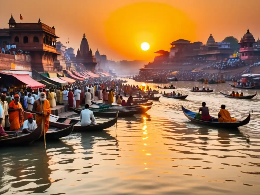 Un atardecer dorado sobre las Ghats de Varanasi, donde se exploran las escuelas filosóficas del hinduismo