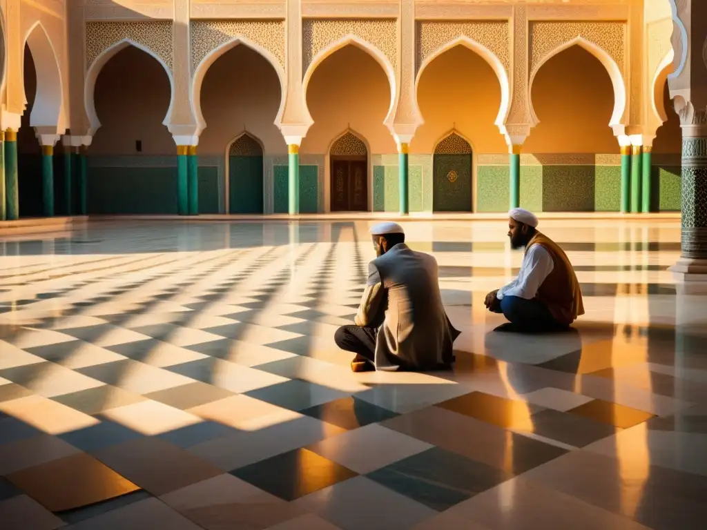 Courtyard de mezquita al atardecer: espiritualidad y conocimiento islámico Un atardecer sereno en un patio de mezquita con patrones geométricos, luz dorada y eruditos en discusión